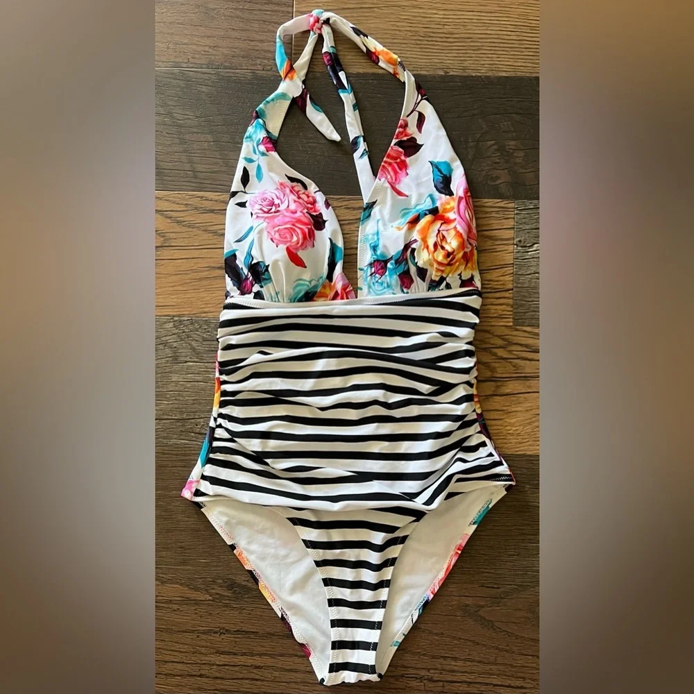 CUPSHE Bold Floral and Stripe Halter
One Piece Swimsuit NWT!! - Picture 3 of 12